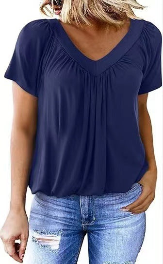 T-shirt Femme Uni à Col V et Manches Courtes