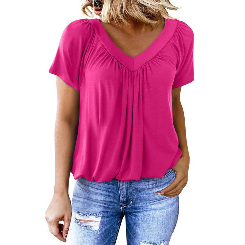 T-shirt Femme Uni à Col V et Manches Courtes