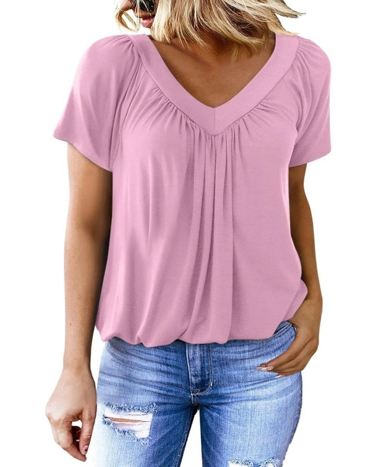 T-shirt Femme Uni à Col V et Manches Courtes