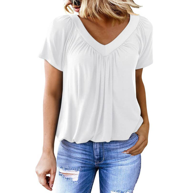 T-shirt Femme Uni à Col V et Manches Courtes