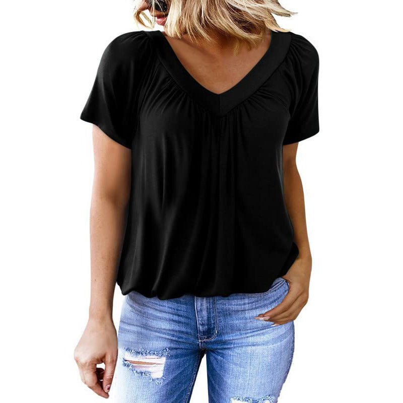 T-shirt Femme Uni à Col V et Manches Courtes