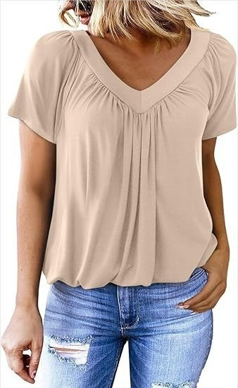 T-shirt Femme Uni à Col V et Manches Courtes