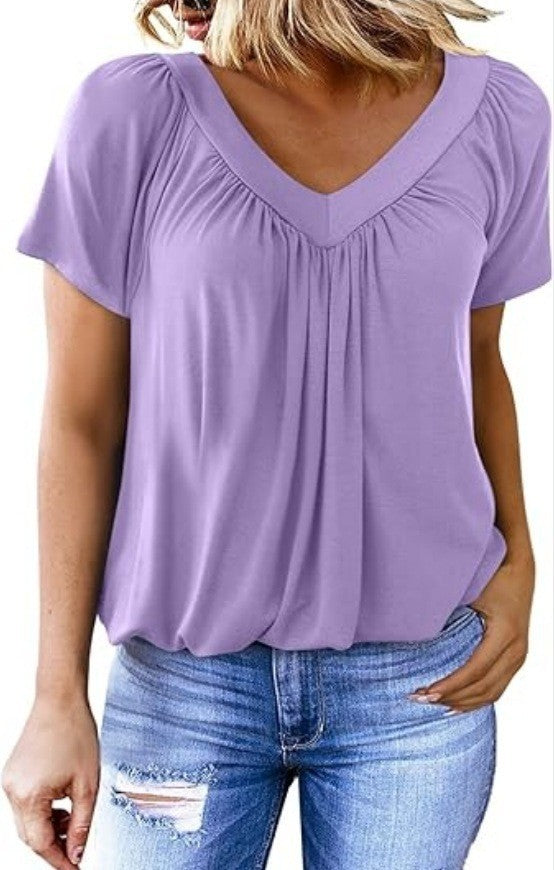 T-shirt Femme Uni à Col V et Manches Courtes