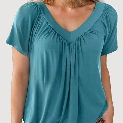 T-shirt Femme Uni à Col V et Manches Courtes